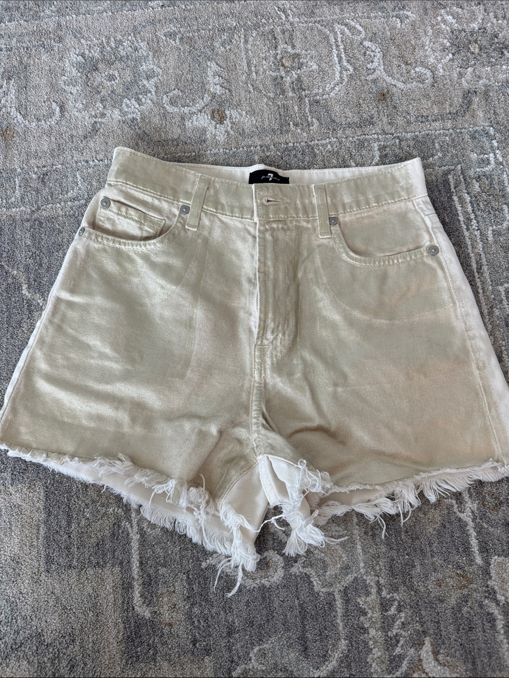 7 For All Mankind Gold and Cream Frayed Hem Denim Shorts